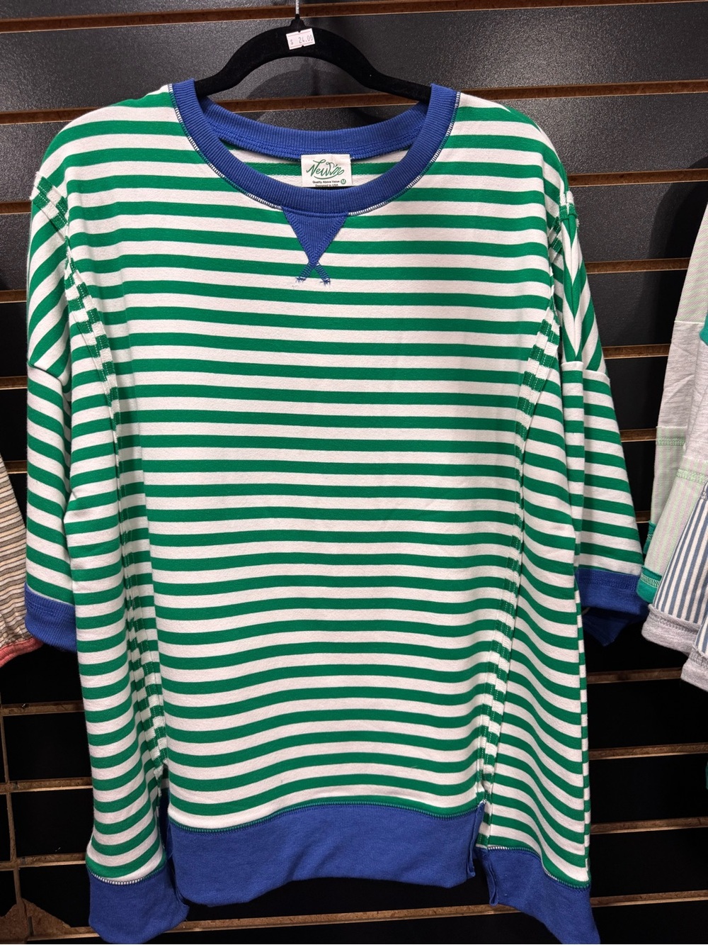 Eve Green & White Striped Crewneck with Blue Trim